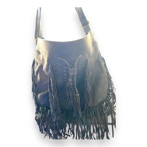 NWT Clever Carriage Company Black Leather Fringe Hobo Shoulder Bag